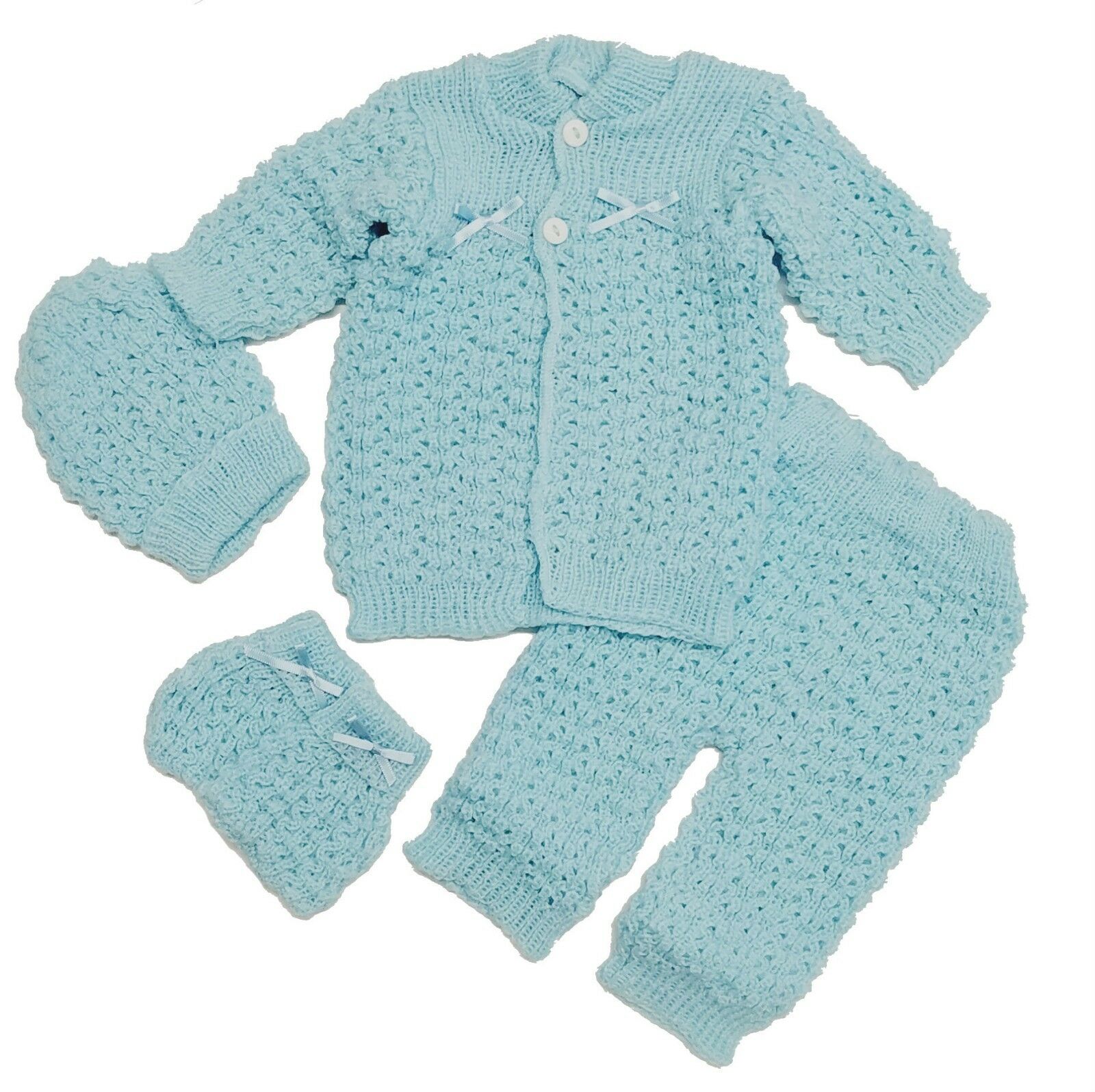 Baby Crochet Boy Blue Hat And Cardigan Sweater Pants Booties 4 Piece Outfit Set