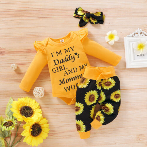 Newborn Baby Girl Clothes Letter Romper Jumpsuit Tops+pants+ Headband Outfit Set